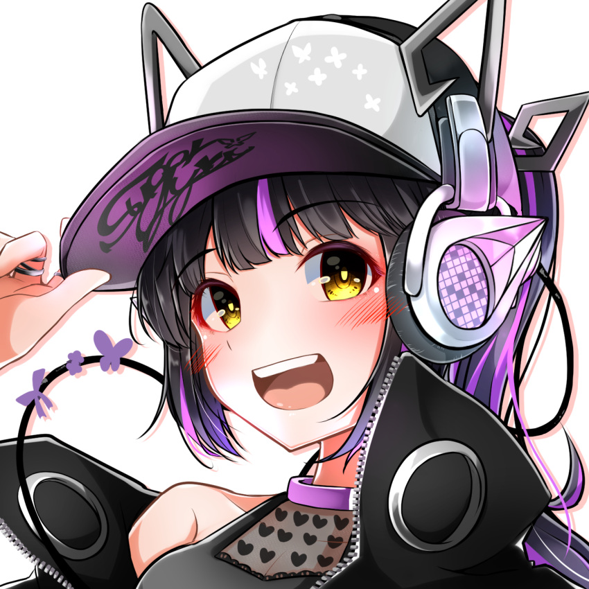 1girl alternate_hairstyle bangs baseball_cap black_hair black_headwear black_jacket black_shirt blunt_bangs blush commentary_request dameyoshi demon_girl demon_horns eyebrows_visible_through_hair hat headphones heart heart_print highres horns jacket jewelry kojo_anna long_hair looking_at_viewer multicolored_clothes multicolored_hair multicolored_headwear off_shoulder open_mouth pointy_ears ponytail print_shirt purple_hair purple_headwear ring see-through_shirt shirt simple_background sleeveless sleeveless_shirt smile solo sugar_lyric two-tone_hair upper_body virtual_youtuber white_background white_headwear yellow_eyes