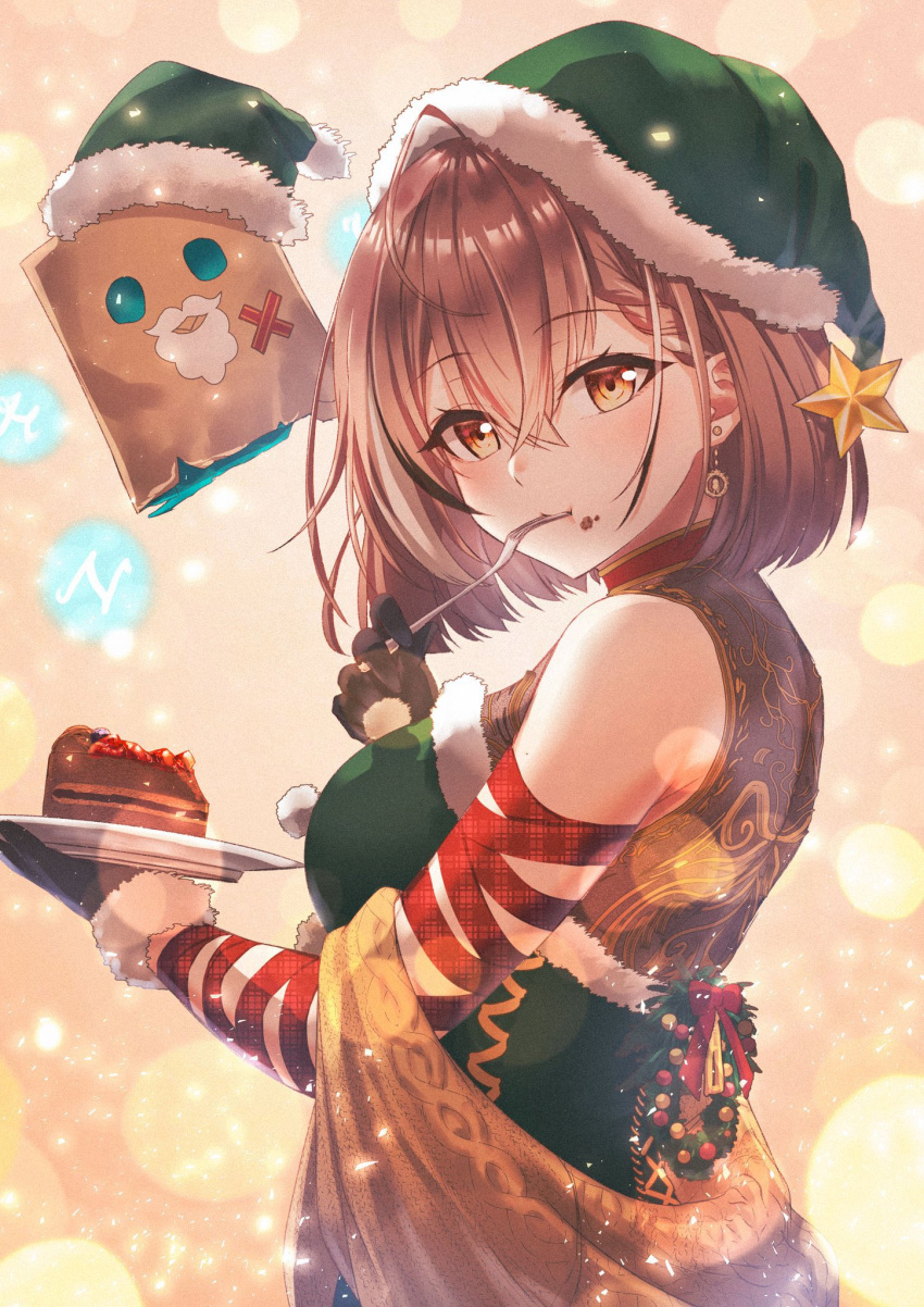 1girl ahoge bangs beard berry black_gloves blurry blush bokeh brown_eyes brown_hair cake chocolate_cake christmas christmas_hat christmas_wreath depth_of_field dress earrings elf_hat embroidered_dress facial_hair food food_on_face fork friend_(nanashi_mumei) fur-trimmed_dress fur_trim gloves green_headwear green_santa_costume highres hololive hololive_english jewelry looking_at_viewer multicolored_hair nanashi_mumei plate red_ribbon ribbon santa_costume sash short_hair single_earring sleeveless sleeveless_dress smile sparkle star_(symbol) streaked_hair utensil_in_mouth virtual_youtuber weizen yellow_sash