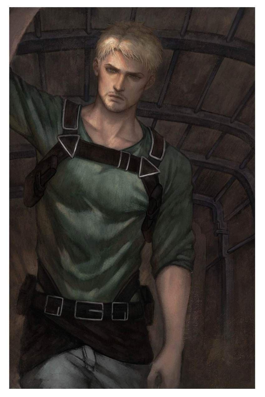 1boy chest_belt ekit70 facial_hair feet_out_of_frame goatee green_shirt highres leather looking_at_viewer male_focus painterly pants pectorals reiner_braun shingeki_no_kyojin shirt short_hair solo toned toned_male white_pants