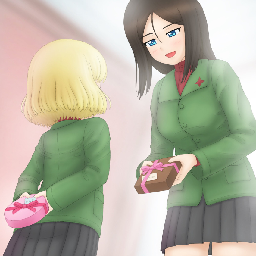 2girls arms_behind_back bangs black_hair black_skirt blonde_hair blue_eyes blush bob_cut character_name commentary cyrillic gift girls_und_panzer giving green_jacket half-closed_eyes highres holding holding_gift jacket katyusha_(girls_und_panzer) leaning_forward long_hair long_sleeves looking_at_another miniskirt multiple_girls nonna_(girls_und_panzer) object_behind_back open_mouth pleated_skirt pravda_school_uniform pravda_ueno red_shirt russian_text school_uniform shirt short_hair skirt smile standing swept_bangs translated turtleneck valentine yuri