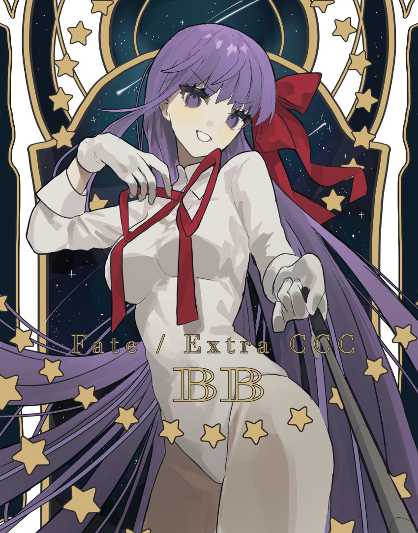 1girl absurdres bangs bb_(fate) bb_(fate/extra) breasts character_name copyright_name fate/extra fate/extra_ccc fate/grand_order fate_(series) gloves hair_ribbon highres holding leotard long_hair long_sleeves medium_breasts neck_ribbon purple_hair ribbon solo star_(symbol) tachibana_wataru_(123tsuki) very_long_hair violet_eyes white_gloves white_leotard