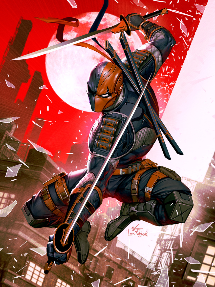 1boy armor artist_name belt black_footwear bodysuit broken_glass building city dc_comics deathstroke drawing dual_wielding english_commentary full_body full_moon glass highres holding holding_sword holding_weapon in-hyuk_lee jumping katana knees_up male_focus mask moon outdoors painting pose red_sky signature sky solo sword weapon western_comics_(style)