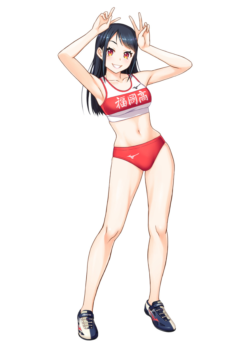1girl armpits arms_up bangs bikini black_hair blush breasts collarbone contrapposto double_v grin highres kuri_(kurigohan) long_hair looking_at_viewer mizuno navel original parted_bangs red_bikini red_eyes shoes sidelocks simple_background smile sneakers solo sports_bikini sports_bra standing swimsuit track_and_field v