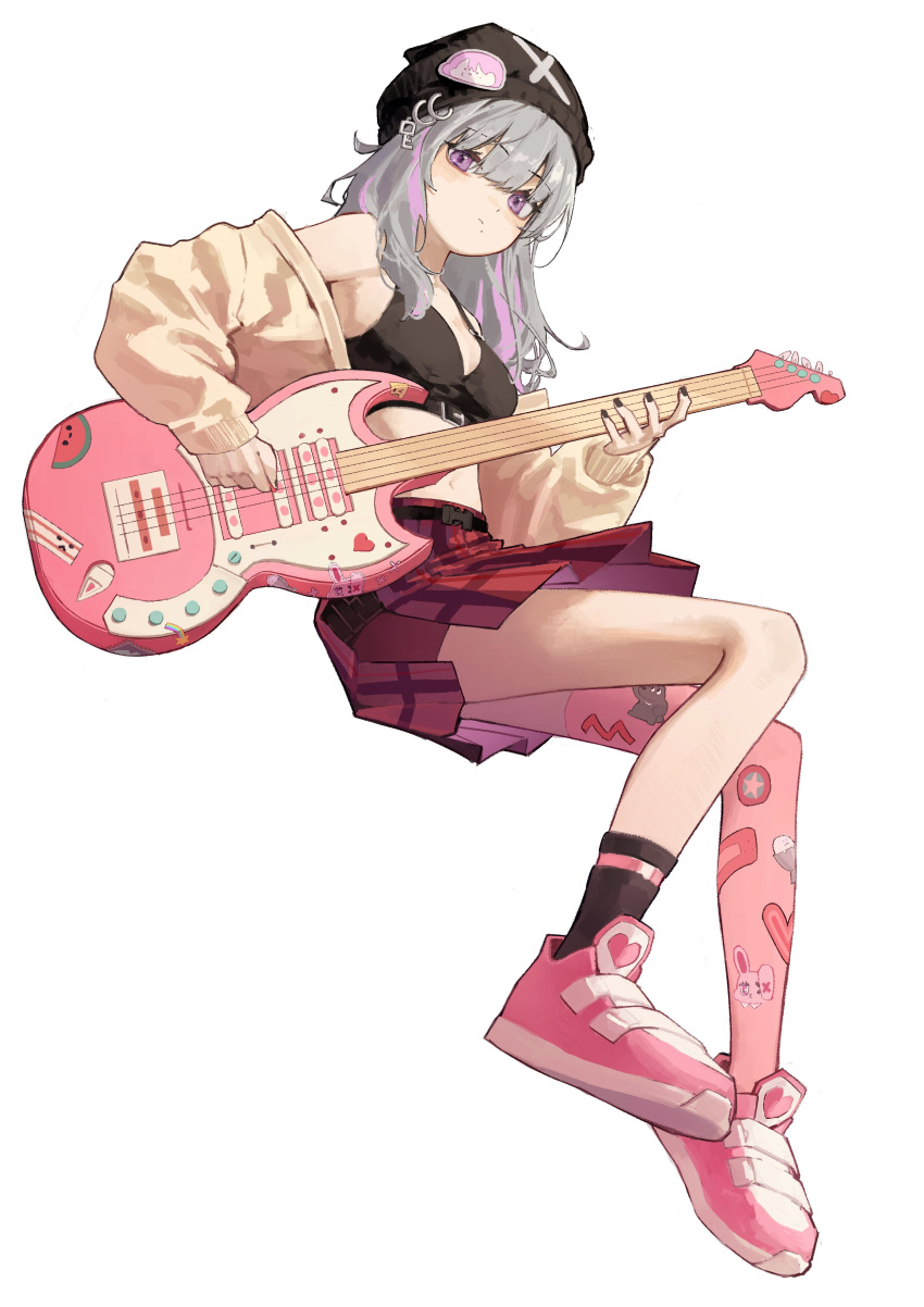 1girl :&lt; absurdres bare_shoulders beanie black_bra black_headwear black_legwear black_nails bra breasts brown_jacket closed_mouth electric_guitar grey_hair guitar hat highres holding holding_instrument instrument invisible_chair jacket key_hair_ornament large_breasts looking_at_viewer midriff multicolored_hair off_shoulder original pink_footwear pink_hair pink_legwear plaid plaid_skirt pleated_skirt red_skirt shoes single_sock single_thighhigh sitting skirt sneakers socks solo sticker thigh-highs two-tone_hair underwear violet_eyes white_background yoon_cook