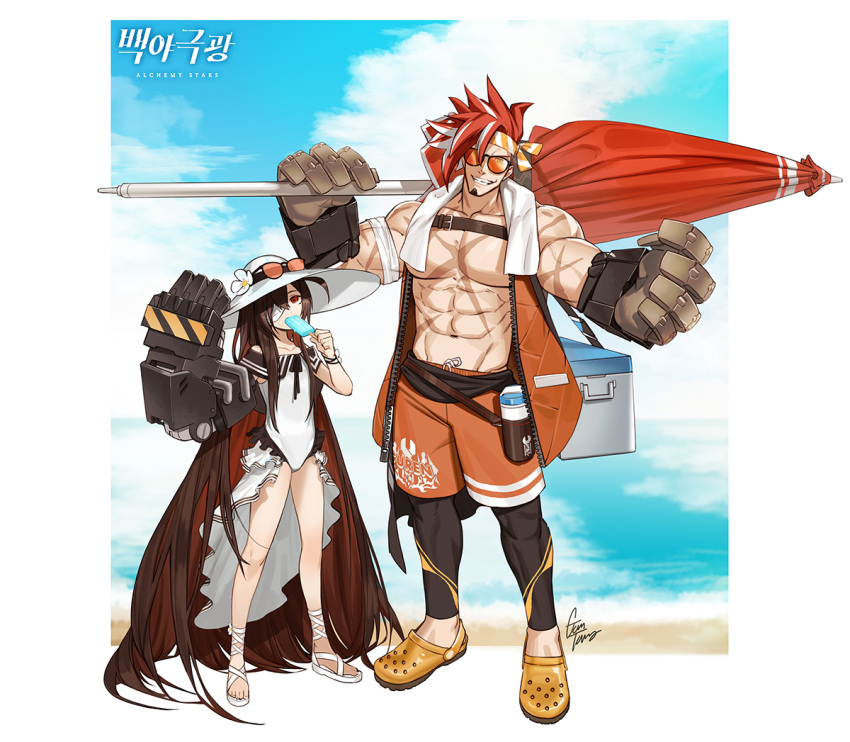 1boy 1girl abs ahoge alchemy_stars bandage_over_one_eye bandages bangs black_hair colored_inner_hair commentary_request eve_(alchemy_stars) facial_hair gomtang headband large_pectorals long_hair looking_at_viewer mechanical_arms multicolored_hair open_mouth pectorals red_eyes redhead single_mechanical_arm sinsa_(alchemy_stars) smile very_long_hair white_hair