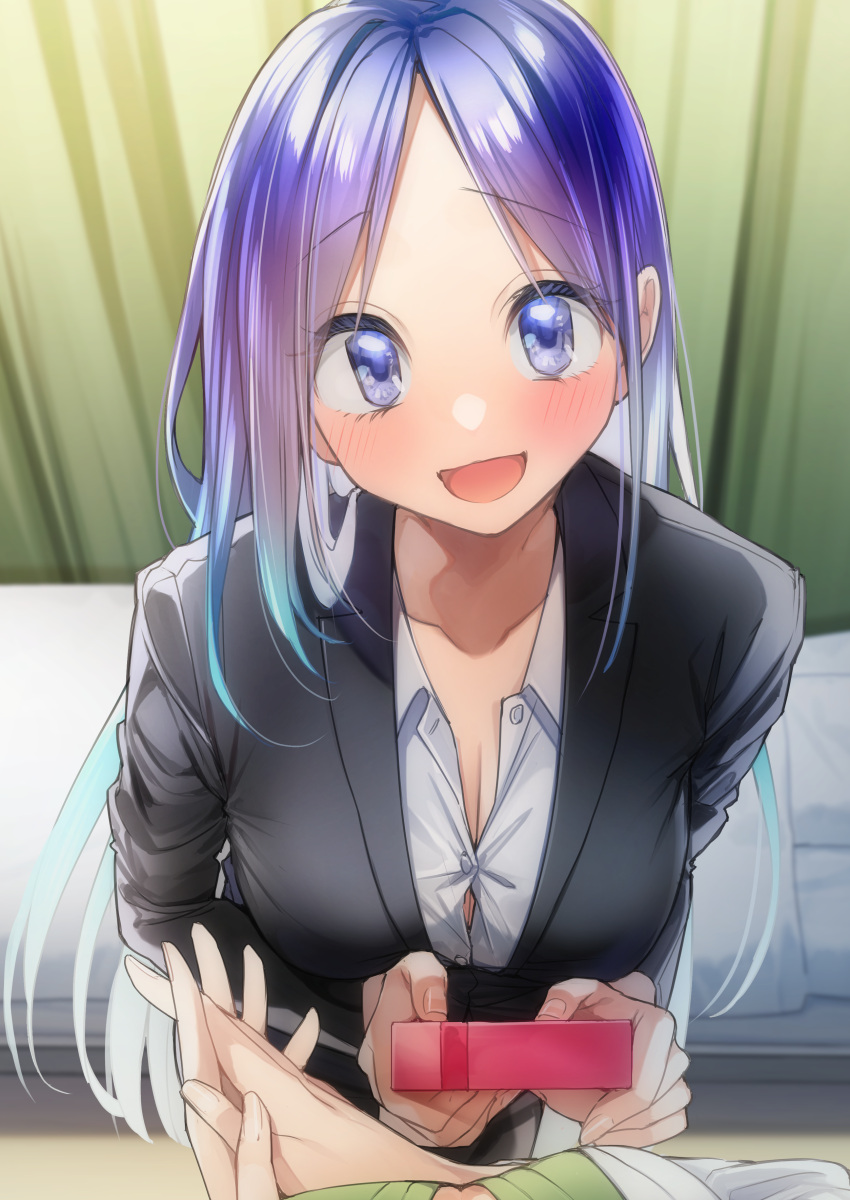 2girls :d absurdres blue_eyes blue_hair blush box breasts commentary female_pov formal gift gift_box highres large_breasts long_hair looking_at_viewer multicolored_hair multiple_girls original own_hands_together pov rinku_(rin9) smile suit teacher two-tone_hair valentine
