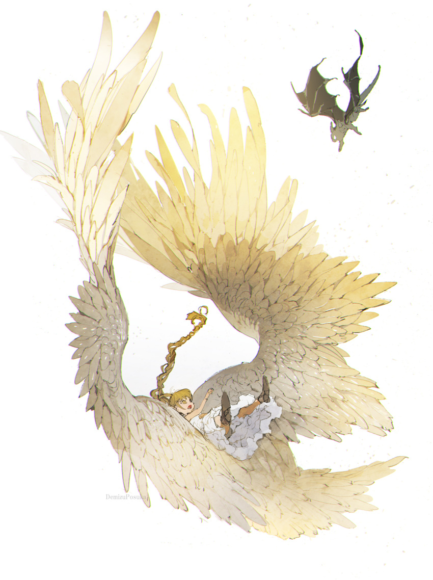 1girl :o artist_name bat blonde_hair braid brown_footwear brown_hair commentary_request demizu_posuka dress falling feathered_wings frilled_dress frills highres large_wings long_hair open_mouth original partial_commentary simple_background solo white_background white_dress wide_shot wings yellow_eyes