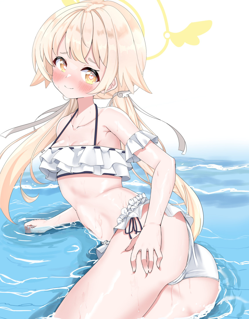 1girl absurdres bangs beach blonde_hair blue_archive blush eyebrows hair_between_eyes hair_ribbon halo hifumi_(blue_archive) highres light_brown_hair long_hair looking_at_viewer low_twintails ribbon simple_background swimsuit twintails white_swimsuit yellow_eyes yosinosakurak