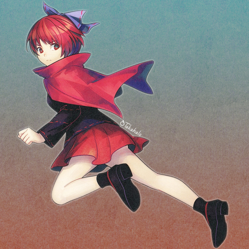 1girl ass bangs banned_artist black_footwear black_shirt blue_bow bow cape closed_mouth eyebrows_visible_through_hair full_body gradient gradient_background hair_bow highres looking_at_viewer looking_back red_cape red_eyes red_skirt redhead sekibanki serious shirt short_hair simple_background skirt solo touhou v-shaped_eyebrows yuge_mugito