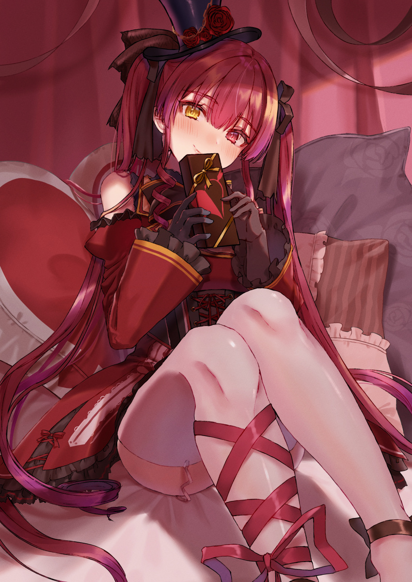 1girl absurdres alternate_costume bed_sheet black_gloves black_headwear black_ribbon blush box closed_mouth commentary_request corset curtains cushion dress flower frills gloves hat heart heterochromia highres holding holding_box hololive houshou_marine long_hair looking_at_viewer oekakikei pillow red_dress red_eyes red_flower red_ribbon red_rose redhead ribbon rose short_dress sitting solo thigh-highs top_hat twintails valentine very_long_hair white_legwear yellow_eyes