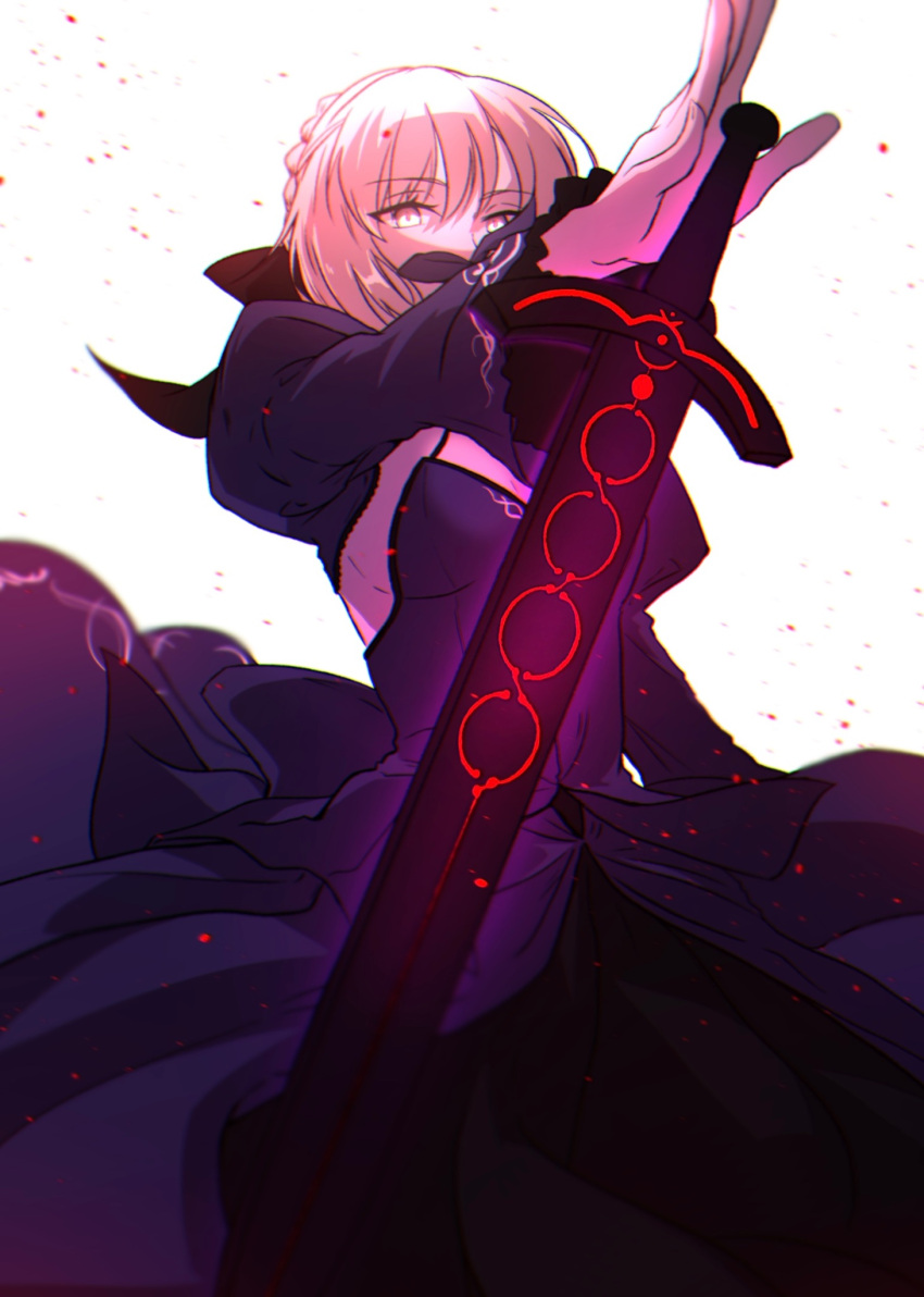 1girl absurdres artoria_pendragon_(all) black_footwear black_skirt blonde_hair breasts cleavage clouds cloudy_sky dark_excalibur excalibur_morgan_(fate) eyebrows_visible_through_hair fate/grand_order fate/stay_night fate_(series) formal full_body high_heels highres long_skirt long_sleeves medium_breasts nanase_hr outdoors outstretched_arm saber_alter shrug_(clothing) sideboob skirt skirt_suit sky solo standing suit sword tied_hair weapon yellow_eyes