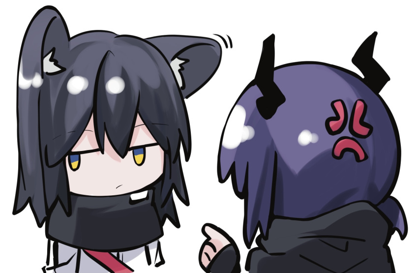 2girls anger_vein animal_ear_fluff animal_ears arknights black_capelet black_hair blue_hair capelet ch'en_(arknights) chibi chinese_commentary closed_mouth commentary_request dragon_horns ear_twitch eyebrows_visible_through_hair hibioes highres horns jacket long_hair multiple_girls pointing texas_(arknights) white_jacket wolf_ears yellow_eyes