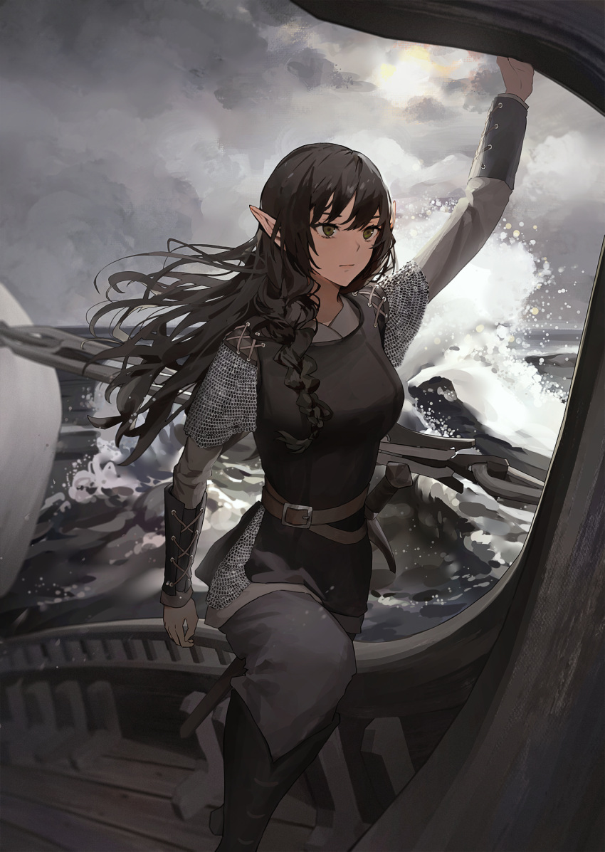 1girl armor black_footwear black_hair black_shirt boat bracer braid breasts chainmail clouds cloudy_sky commentary commentary_request day english_commentary expressionless grey_pants hand_up highres holding long_hair medium_breasts ocean original outdoors pants pointy_ears sailboat ship shirt sky solo sunako_(veera) sword water watercraft weapon