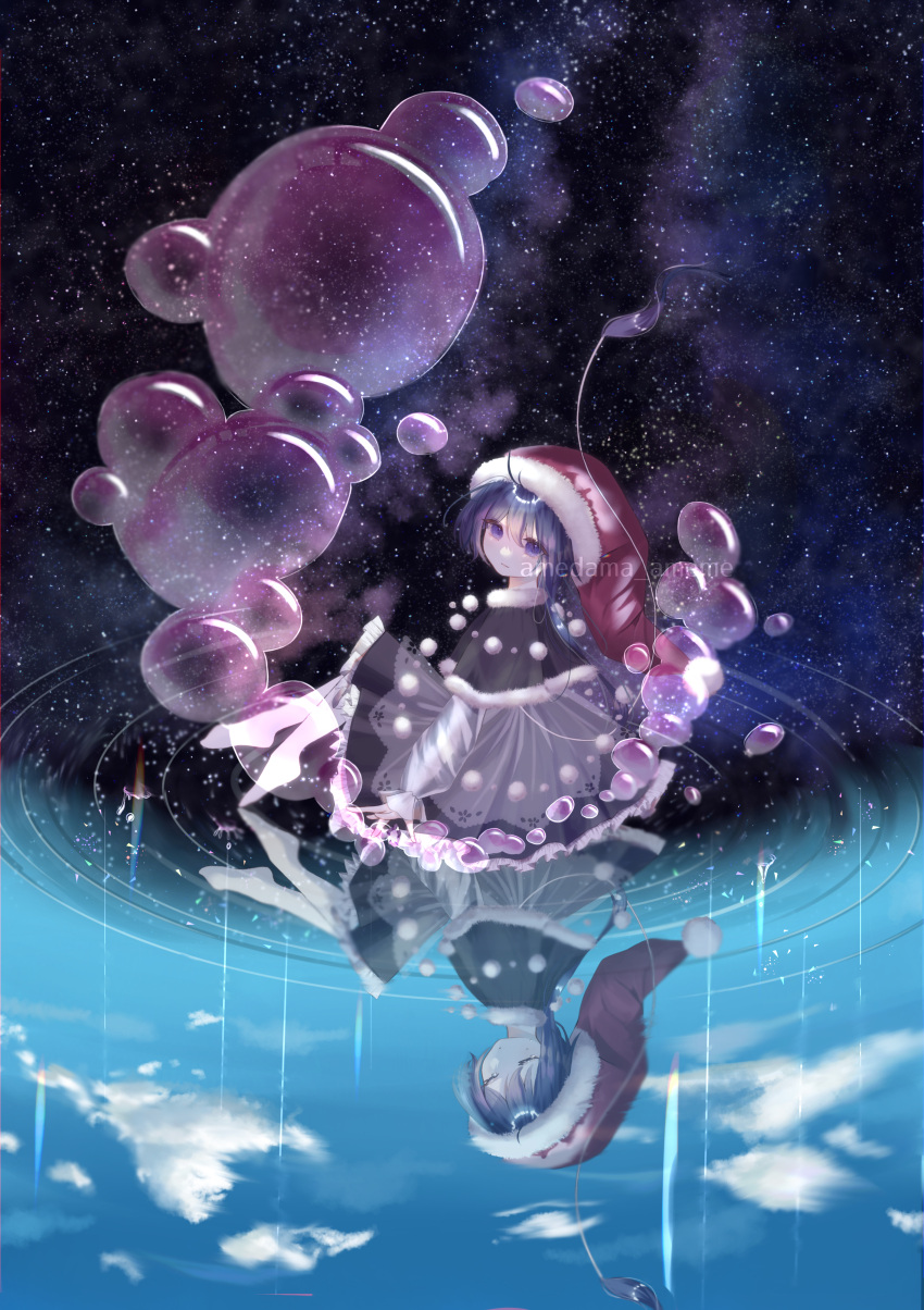 1girl :| absurdres ahoge amedama_ameme artist_name black_capelet black_dress blue_eyes blue_hair capelet closed_eyes closed_mouth clouds commentary crying day doremy_sweet dream_soul dress frilled_sleeves frills full_body hair_between_eyes hat highres kneehighs knees_up lace light_smile long_hair long_sleeves looking_at_viewer night night_sky nightcap outstretched_arm outstretched_hand rain red_headwear ripples sky solo star_(sky) starry_sky tail tapir_tail tears touhou water_drop white_legwear white_sleeves