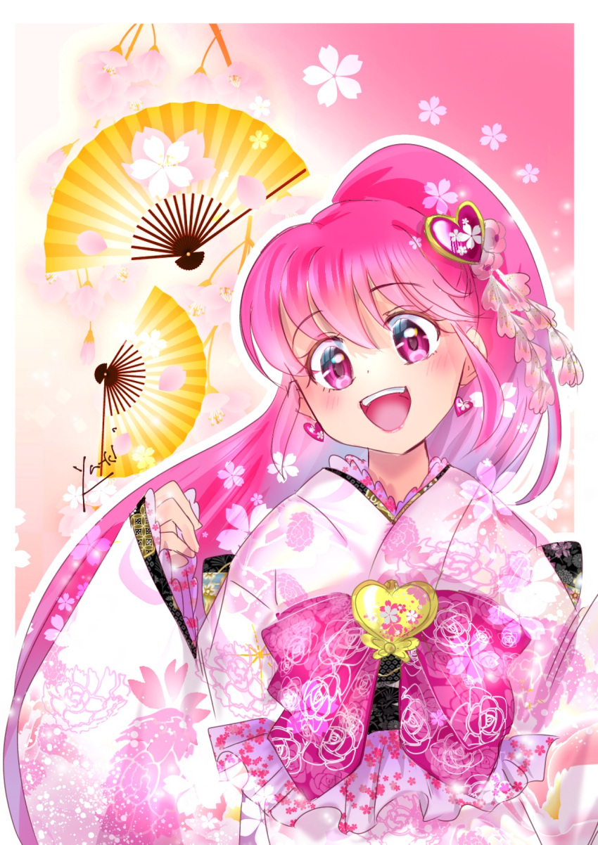 1girl :d bangs blush border cure_lovely earrings eyebrows_visible_through_hair floating_hair floral_print hair_between_eyes happinesscharge_precure! heart heart_earrings highres japanese_clothes jewelry kimono long_hair long_sleeves looking_at_viewer manekineko5319 open_mouth outline pink_eyes pink_hair precure print_kimono signature sleeves_past_wrists smile solo upper_body very_long_hair white_border white_kimono wide_sleeves