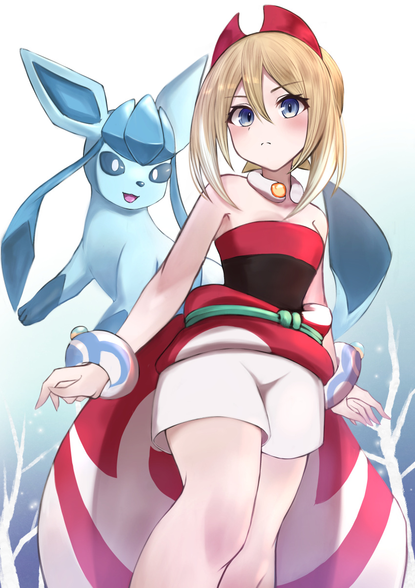 1girl absurdres bangs bare_tree blonde_hair blue_eyes bracelet closed_mouth collar commentary eyelashes from_below frown glaceon hair_between_eyes hairband highres irida_(pokemon) jewelry knees koucha_miruku looking_at_viewer looking_down medium_hair pokemon pokemon_(creature) pokemon_(game) pokemon_legends:_arceus red_hairband red_shirt sash shirt short_shorts shorts split_mouth strapless strapless_shirt tree waist_cape white_shorts