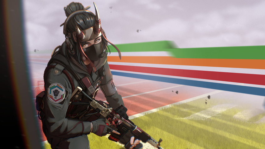 1girl 2022 bangs black_hair brown_hair english_commentary fingerless_gloves gloves grey_gloves grey_jumpsuit gun hair_bun hibana_(rainbow_six_siege) highres holding holding_gun holding_weapon hooded_jumpsuit horns ifragmentix jumpsuit leaning_to_the_side looking_to_the_side mask mouth_mask parted_bangs rainbow_six_siege running_track solo trigger_discipline weapon