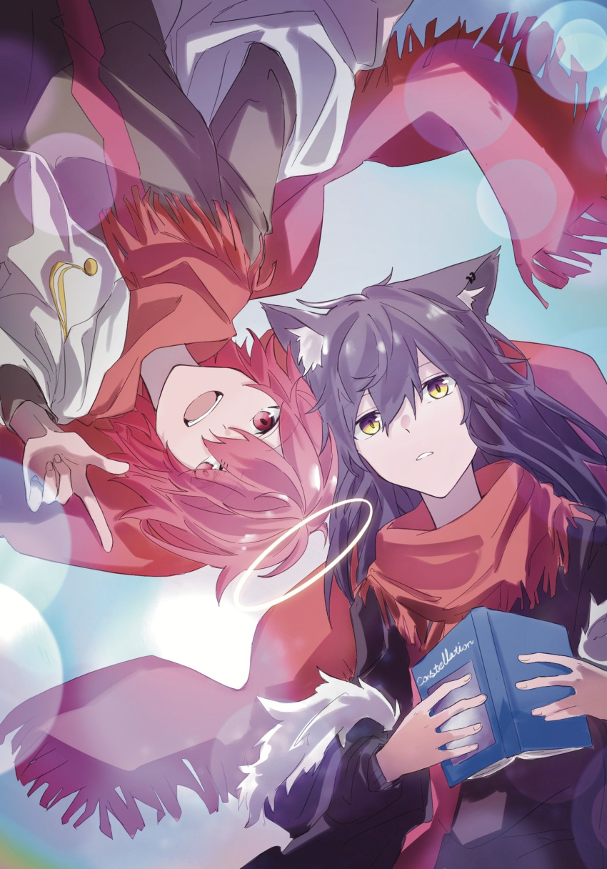2girls animal_ear_fluff animal_ears arknights black_hair black_jacket book brown_shirt chinese_commentary commentary_request exusiai_(arknights) eyebrows_visible_through_hair hair_over_one_eye halo hibioes highres holding holding_book jacket long_hair multiple_girls open_mouth red_eyes red_scarf redhead scarf shirt short_hair texas_(arknights) white_jacket wolf_ears wolf_girl yellow_eyes