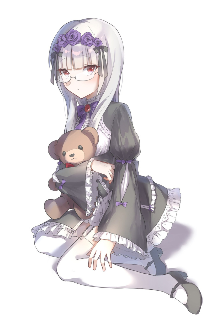1girl black_footwear bow dress flower frilled_dress frilled_sleeves frills garter_straps glasses hair_flower hair_ornament heidimarie_w._schnaufer highres purple_flower red_eyes shima7_c shoes simple_background solo strike_witches stuffed_animal stuffed_toy teddy_bear thigh-highs white_background white_hair white_legwear world_witches_series