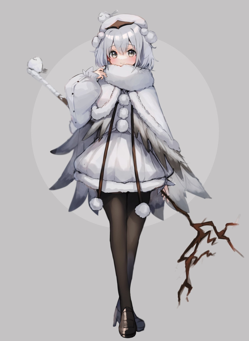 1girl animal bangs beret bird black_footwear black_legwear blush capelet closed_mouth commentary_request copyright_request crossed_ankles daifukumochi_(akaaokiiwo) dress eyebrows_visible_through_hair full_body fur-trimmed_capelet fur_trim grey_background grey_eyes grey_hair hair_between_eyes hand_up hat high_heels highres holding loafers long_sleeves looking_at_viewer multicolored_hair pantyhose puffy_long_sleeves puffy_sleeves shoes sleeves_past_wrists smile solo standing two-tone_hair white_capelet white_dress white_headwear