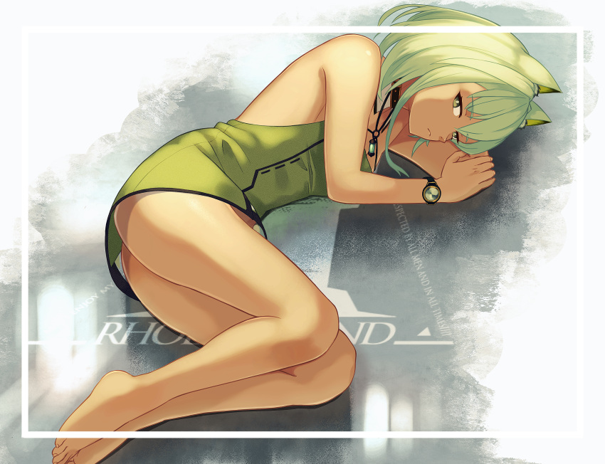 1girl absurdres animal_ear_fluff animal_ears arknights ass bangs bare_legs bare_shoulders barefoot border cat_ears closed_mouth dress eyebrows_visible_through_hair green_dress green_eyes green_hair highres kal'tsit_(arknights) looking_at_viewer lying mutsuki_albino on_side rhodes_island_logo short_dress short_hair sleeveless sleeveless_dress solo watch watch white_border