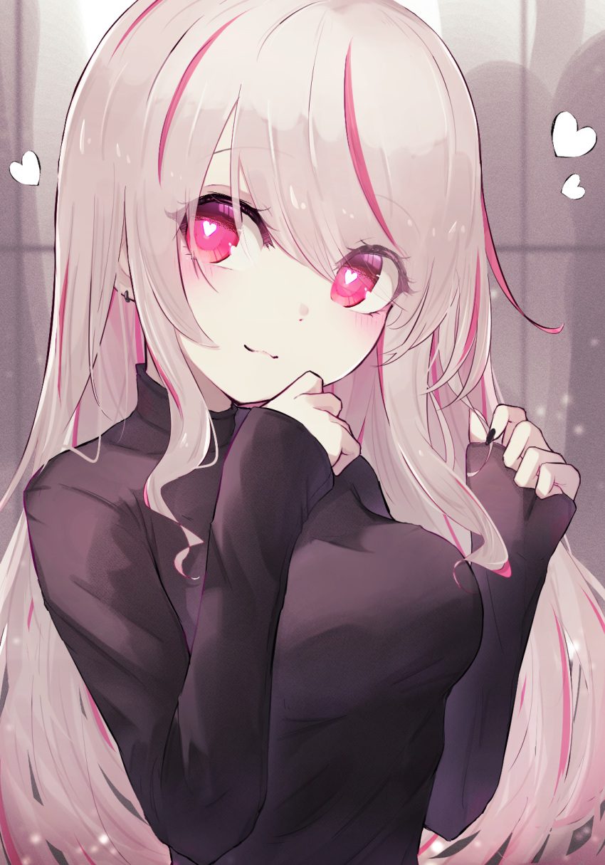 1girl :3 bangs black_nails black_sweater blush breasts closed_mouth commentary_request earrings eyebrows_visible_through_hair grey_eyes heart heart-shaped_pupils highres jewelry long_sleeves looking_at_viewer medium_breasts multicolored_hair nail_polish original pink_eyes reizouko sleeves_past_wrists smile streaked_hair sweater swept_bangs symbol-shaped_pupils two-tone_hair upper_body