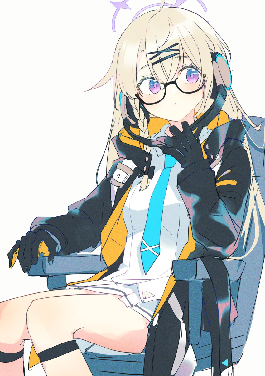 1girl bangs black-framed_eyewear black_gloves black_jacket blue_archive blue_necktie braid chair closed_mouth collared_dress dress feet_out_of_frame gloves hair_between_eyes hair_ornament hairclip halo headphones highres holding holding_headphones hood hooded_jacket jacket kotama_(blue_archive) kyuuri_(miyako) light_blush light_brown_hair long_hair looking_to_the_side multicolored_clothes multicolored_jacket necktie office_chair open_clothes open_jacket orange_gloves orange_jacket simple_background single_braid sitting solo two-tone_gloves two-tone_jacket violet_eyes white_background white_dress