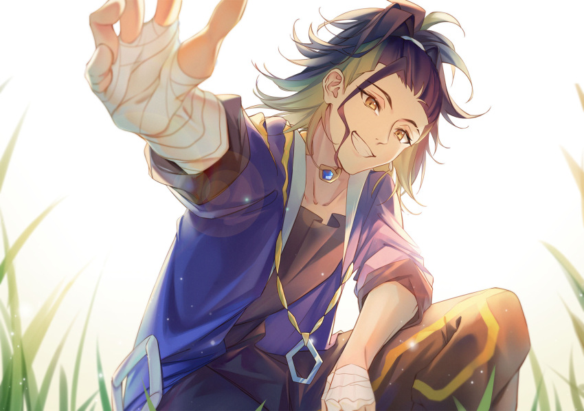 1boy adaman_(pokemon) arm_wrap bangs blurry brown_eyes collar collarbone commentary_request eyebrow_cut from_below grass green_hair grin hand_wraps highres lens_flare looking_at_viewer male_focus multicolored_hair outstretched_hand pokemon pokemon_(game) pokemon_legends:_arceus smile solo somnia teeth tied_hair