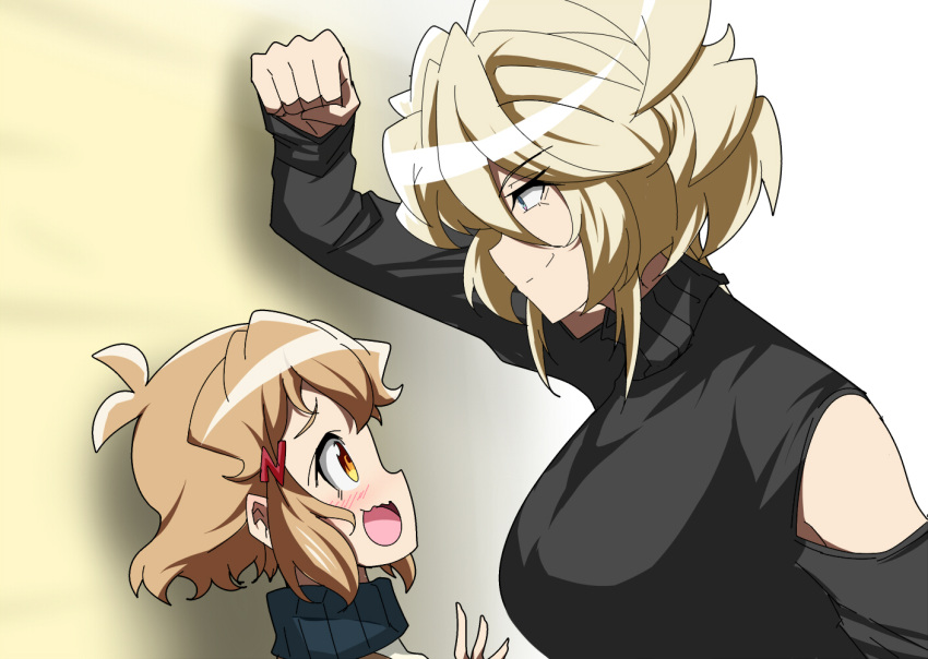 2girls blonde_hair blue_eyes carol_malus_dienheim flustered hair_ornament hairclip height_difference kabedon looking_at_another looking_down looking_up multiple_girls nabeiro_kin open_mouth orange_eyes orange_hair senki_zesshou_symphogear short_hair smirk sweater tachibana_hibiki_(symphogear) turtleneck wavy_mouth