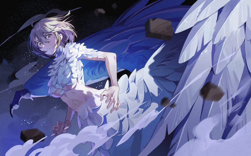 1girl ahoge bangs black_background blonde_hair blurry breasts centauroid chimera commentary dungeon_meshi dust_cloud eyebrows_visible_through_hair falin_thorden feathered_wings hair_between_eyes highres hoshiko_(419401x) large_breasts looking_at_viewer monster_girl navel parted_lips rubble short_hair sidelocks solo spoilers stomach taur under_boob white_feathers wings yellow_eyes