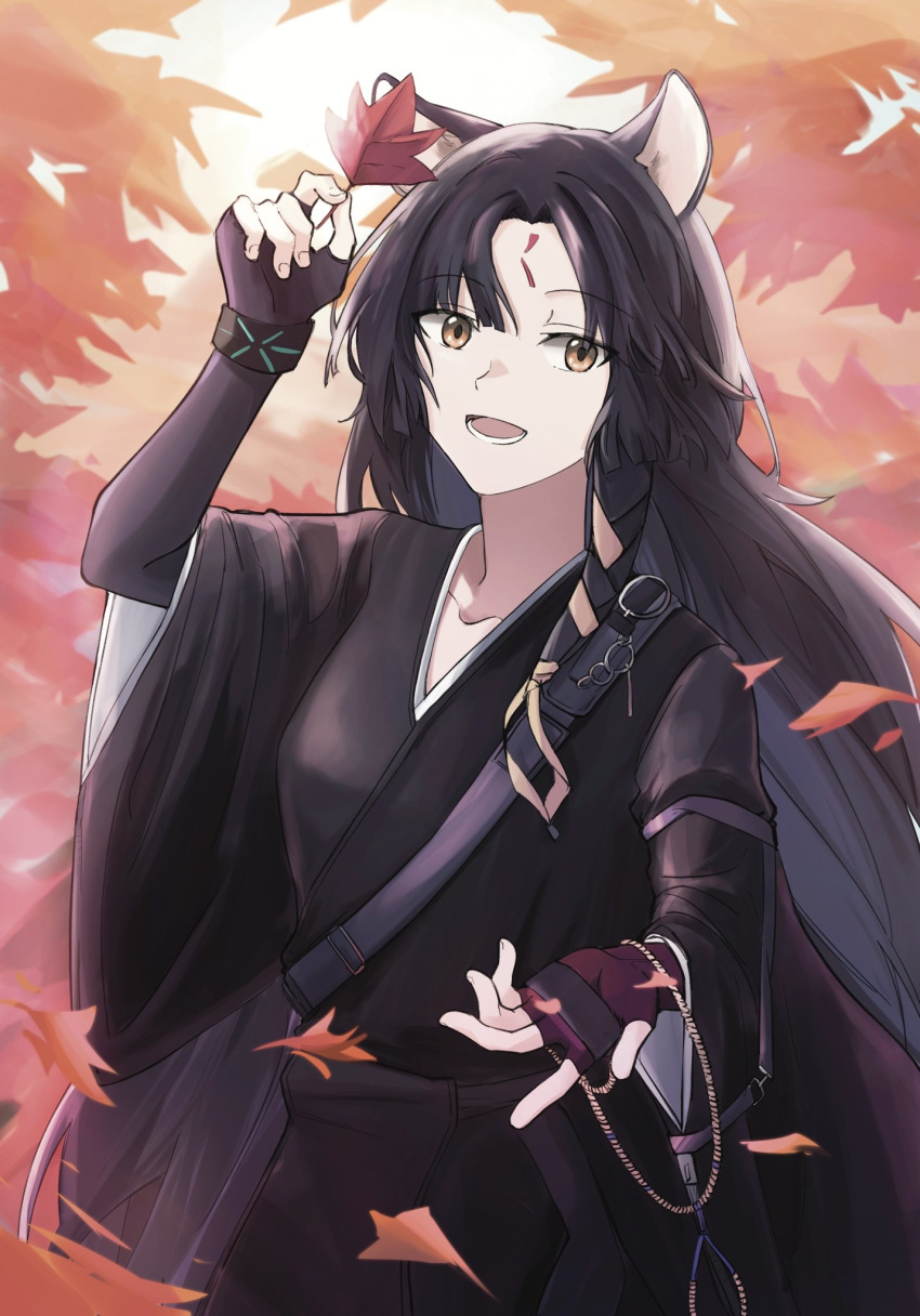 1girl animal_ears arknights black_kimono brown_eyes chinese_commentary commentary_request dog_ears dog_girl eyebrows_visible_through_hair facial_mark fingerless_gloves forehead_mark gloves hibioes highres holding holding_leaf infection_monitor_(arknights) japanese_clothes kimono leaf purple_gloves saga_(arknights) solo