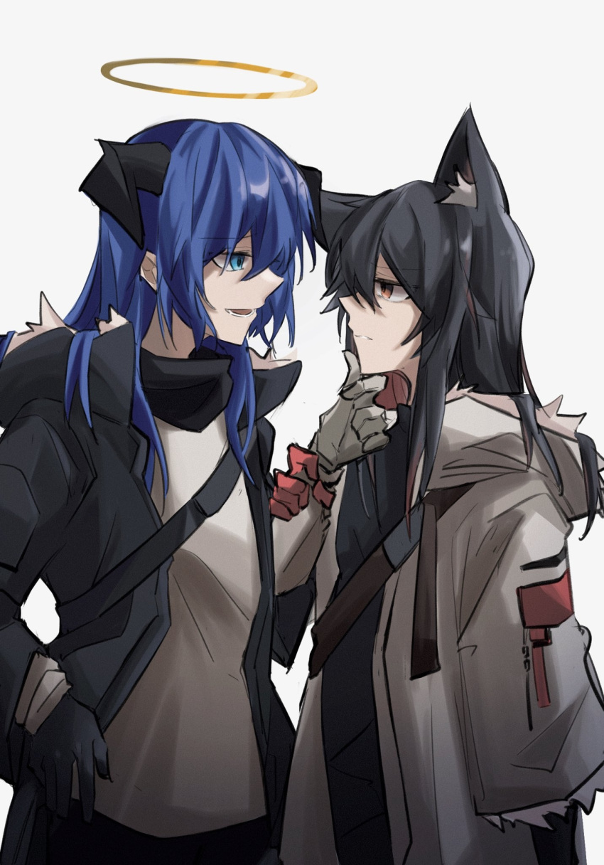 2girls animal_ear_fluff animal_ears arknights asymmetrical_gloves black_gloves black_hair black_shirt blue_hair chinese_commentary commentary_request demon_horns eyebrows_visible_through_hair fur-trimmed_hood fur-trimmed_sleeves fur_trim gloves green_eyes halo hand_on_another's_chin hibioes highres hood hooded_jacket horns jacket long_hair mismatched_gloves mostima_(arknights) multiple_girls official_alternate_costume open_clothes open_jacket red_gloves shirt texas_(arknights) texas_(winter_messenger)_(arknights) white_gloves white_shirt wolf_ears wolf_girl yellow_eyes