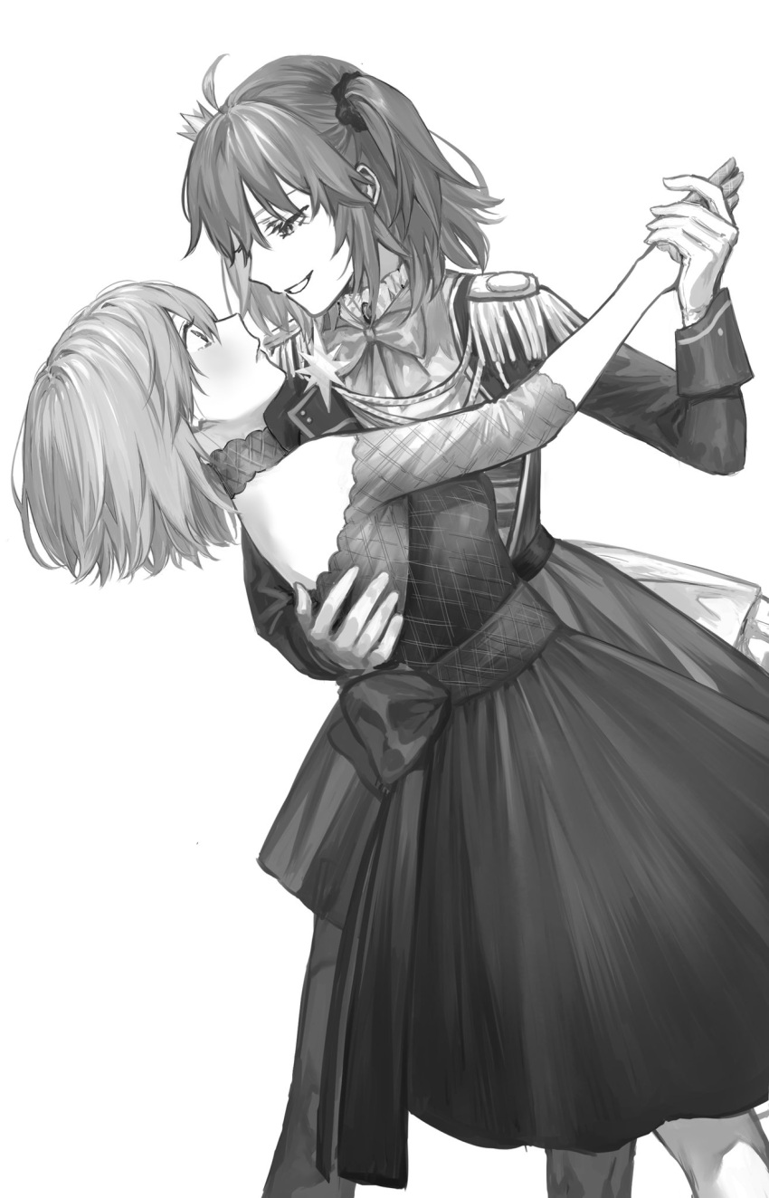 2girls ahoge aiguillette alternate_costume back_bow bangs bare_shoulders bow bowtie brooch chaldea_dinnertime cocktail_dress commentary_request crown dancing detached_collar dress epaulettes face-to-face fate/grand_order fate_(series) formal from_side fujimaru_ritsuka_(female) fujimaru_ritsuka_(female)_(halloween_royalty) gloves greyscale grin hair_ornament hair_scrunchie half_gloves hand_on_another's_back highres holding_hands jacket jewelry long_sleeves looking_at_another mash_kyrielight mini_crown monochrome multiple_girls nipi27 official_alternate_costume scrunchie short_hair side_ponytail simple_background smile waltz_(dance) yuri