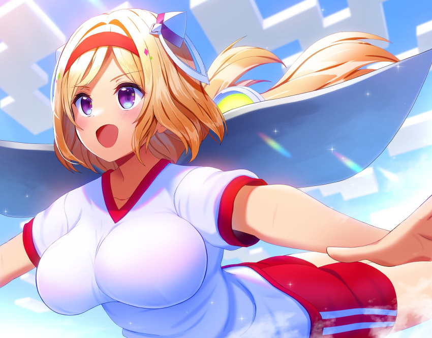 1girl :d aki_rosenthal blonde_hair blue_sky blush breasts clouds cloudy_sky day detached_hair gym_shirt gym_shorts gym_uniform hairband headgear highres hololive long_hair low_twintails medium_breasts mikomiko_(mikomikosu) minecraft outdoors red_hairband red_shorts shirt short_shorts short_sleeves shorts sky smile solo twintails very_long_hair violet_eyes white_shirt