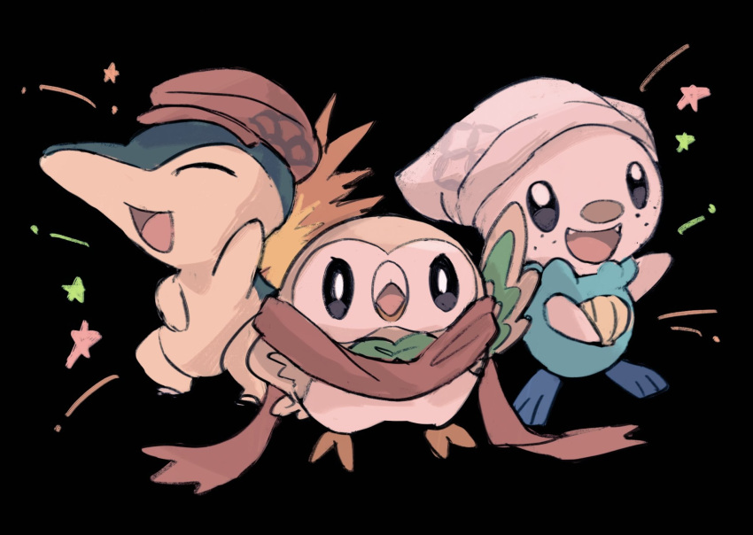 :d akari_(pokemon) anzu_(01010611) black_background cyndaquil fangs hatted_pokemon head_scarf highres no_humans open_mouth oshawott pokemon pokemon_(creature) pokemon_(game) pokemon_legends:_arceus red_scarf rei_(pokemon) rowlet scarf smile standing star_(symbol) starter_pokemon_trio tongue white_headwear