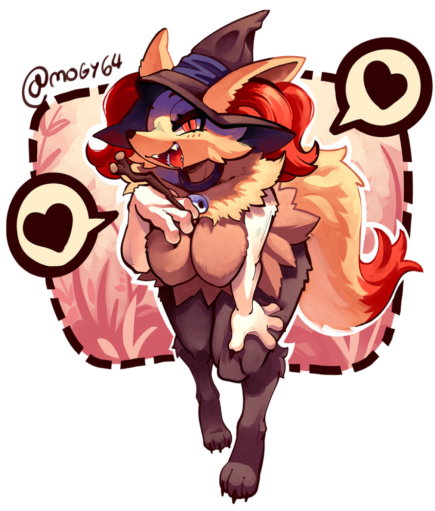 1girl animal_ear_fluff animal_ears animal_feet animal_nose artist_name black_fur black_headwear blush body_fur braixen breasts claws clothed_pokemon collar collarbone commentary drooling ears_through_headwear english_commentary fox_ears fox_girl fox_tail fur_collar furry furry_female half-closed_eyes hand_on_own_chest hand_on_own_thigh hand_up happy hat heart highres holding holding_stick leaning_forward light_blush looking_at_viewer medium_breasts mogy64 open_mouth outline pokemon pokemon_(creature) red_eyes saliva sharp_teeth signature smile snout solo speech_bubble spoken_heart stick tail teeth tongue transparent_background twitter_username white_fur white_outline witch witch_hat yellow_fur