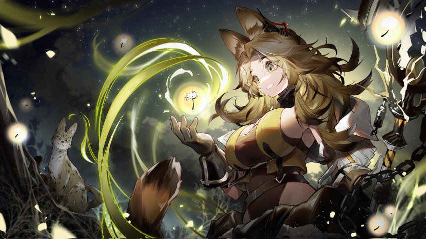 1girl absurdres animal animal_ears arknights black_gloves black_shirt blonde_hair braid breasts cat_ears cat_girl cat_tail chain dark_background earpiece gloves glowing highres holding holding_staff jiusan_naitan large_breasts night outdoors parted_lips quercus_(arknights) serval_(kemono_friends) shirt sideboob single_braid solo staff tail upper_body yellow_eyes