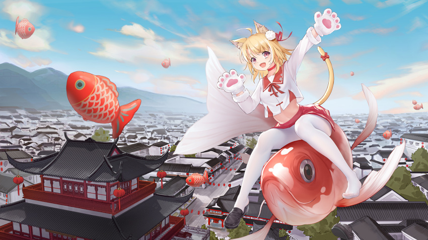 1girl :d ahoge animal animal_ear_fluff animal_ears animal_hands arm_up bigxixi black_footwear blonde_hair blue_sky bow cat_ears cat_girl cat_tail choker cityscape clouds commentary_request crop_top day fang fish flying_fish gloves highres loafers long_sleeves looking_at_viewer midriff mountain navel original outdoors outstretched_arm pantyhose paw_gloves pleated_skirt red_bow red_choker red_eyes red_skirt shirt shoe_removed shoes single_shoe skirt sky smile solo tail tail_bow tail_ornament tail_raised white_gloves white_legwear white_shirt