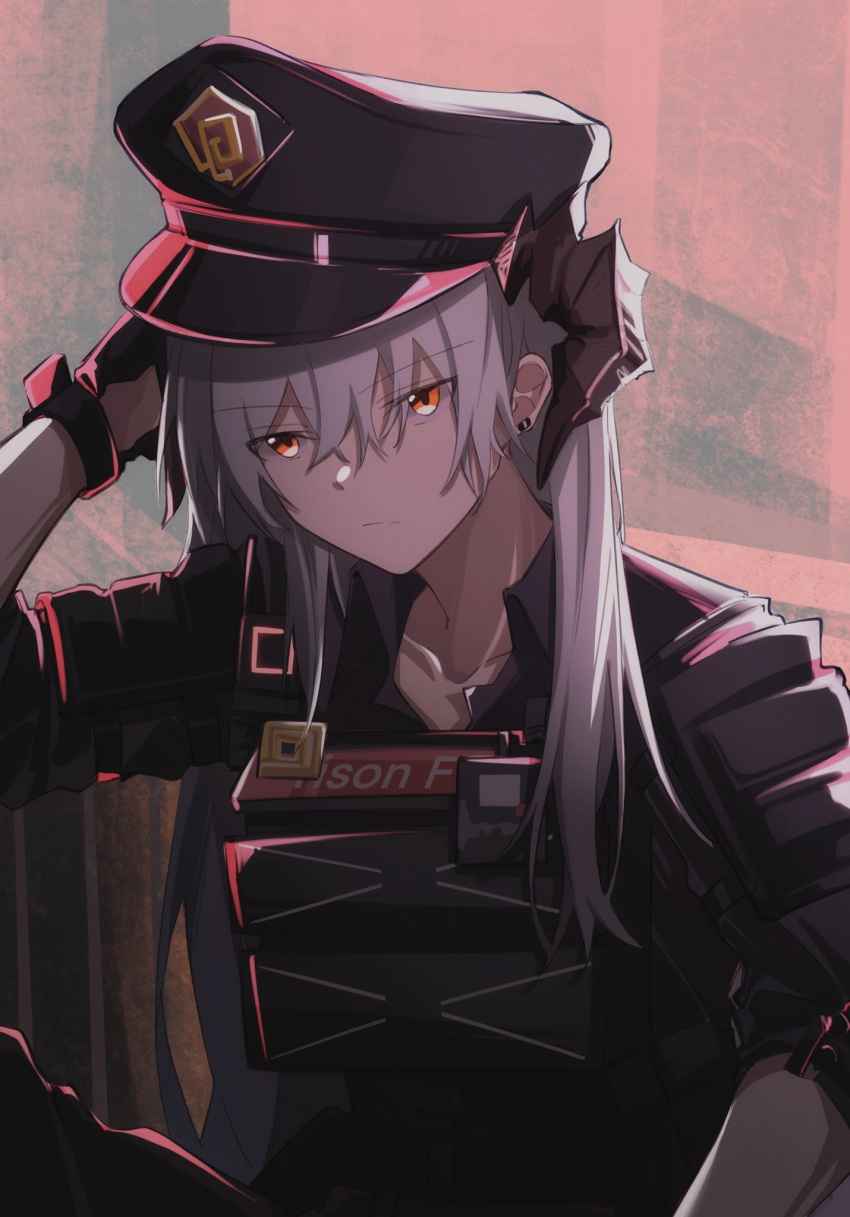 1girl arknights black_gloves chinese_commentary closed_mouth commentary_request ear_piercing eyebrows_visible_through_hair gloves hat hibioes highres horns long_hair official_alternate_costume orange_eyes piercing plate_carrier police police_hat police_uniform saria_(arknights) saria_(the_law)_(arknights) silver_hair solo tactical_clothes uniform walkie-talkie