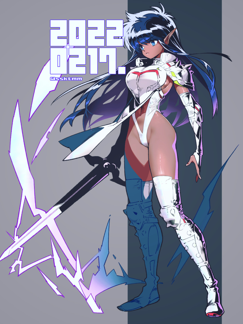 blue_eyes blue_hair boots breasts dark-skinned_female dark_skin dated detached_sleeves electricity eyebrows_visible_through_hair fujimoto_hideaki hair_behind_ear highres holding holding_sword holding_weapon knee_pads leotard long_hair long_pointy_ears medium_breasts navel open_hand original pointy_ears shoulder_spikes sideboob spikes sword thigh-highs thigh_boots v-shaped_eyebrows weapon white_footwear white_leotard