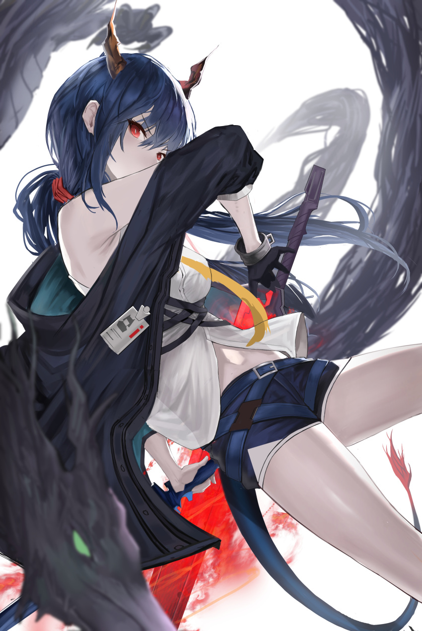 1girl absurdres arknights belt black_gloves black_jacket blue_belt blue_hair blue_shorts ch'en_(arknights) covered_mouth creature dragon dragon_girl dragon_horns dragon_tail dutch_angle feet_out_of_frame gloves highres horns id_card jacket long_hair looking_at_viewer okayannosuke open_clothes open_jacket ponytail red_eyes shirt shorts sidelocks sleeveless sleeveless_shirt solo tail v-shaped_eyebrows white_background white_shirt