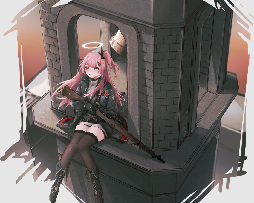 absurdres ambriel_(arknights) bell boots food gun halo highres pocky rifle thighs weapon