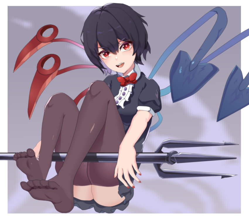 absurdres asymmetrical_wings black_dress black_hair black_legwear blue_wings bow bowtie buttons callmaichi center_frills commentary_request dress frilled_dress frills highres holding houjuu_nue looking_at_viewer nail_polish no_shoes open_mouth polearm red_bow red_bowtie red_eyes red_nails red_wings short_dress short_hair short_sleeves soles teeth thigh-highs toes touhou trident upper_teeth weapon wings
