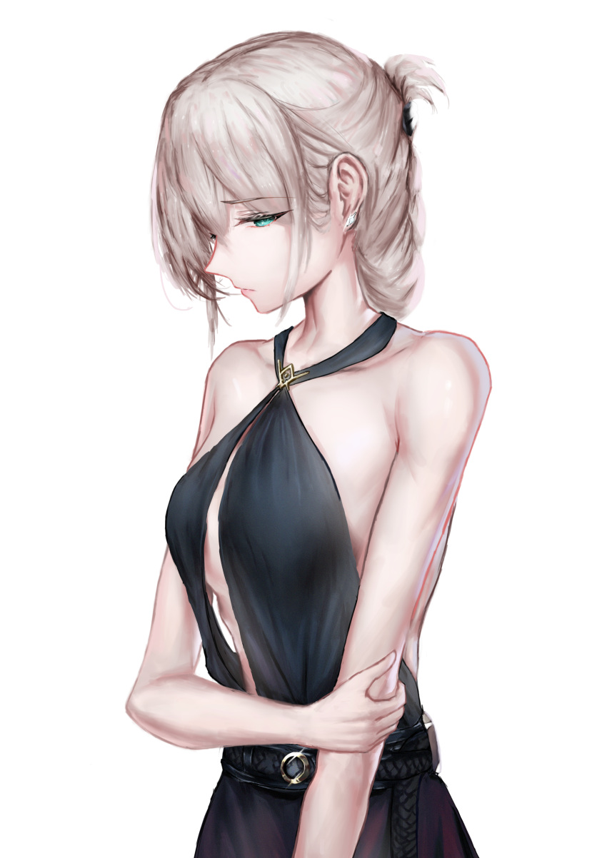 1girl absurdres an-94_(girls'_frontline) an-94_(silent_rouge)_(girls'_frontline) aqua_eyes bangs bare_shoulders black_dress blonde_hair breasts closed_mouth collarbone crossed_arms dress earrings eyebrows_visible_through_hair girls_frontline hair_between_eyes hair_ornament highres jewelry lips long_hair looking_to_the_side nose official_alternate_costume small_breasts solo standing white_background xuanren69