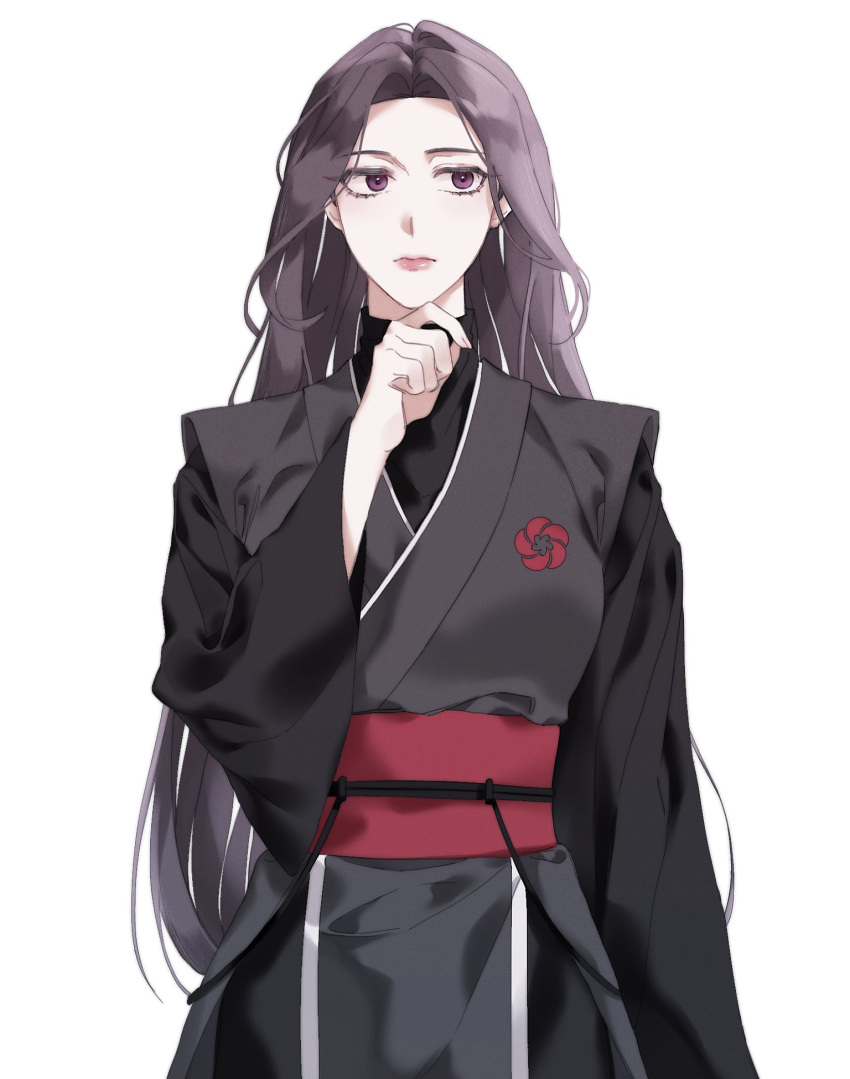 1girl black_clothes black_hair dangjang finger_to_own_chin highres long_hair looking_to_the_side return_of_the_mount_hua_sect sash symbol twitter_username white_background