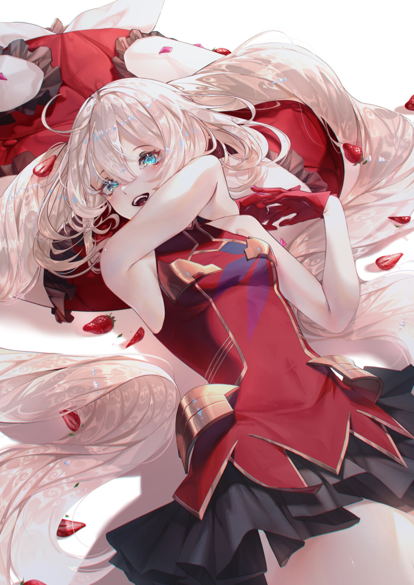 1girl arms_up bangs black_skirt blonde_hair blue_eyes breasts cuso4_suiwabutu dress fate/grand_order fate_(series) food fruit gloves hair_between_eyes highres long_hair looking_at_viewer lying marie_antoinette_(fate) on_back open_mouth red_dress red_gloves skirt small_breasts solo strawberry teeth twintails upper_teeth very_long_hair