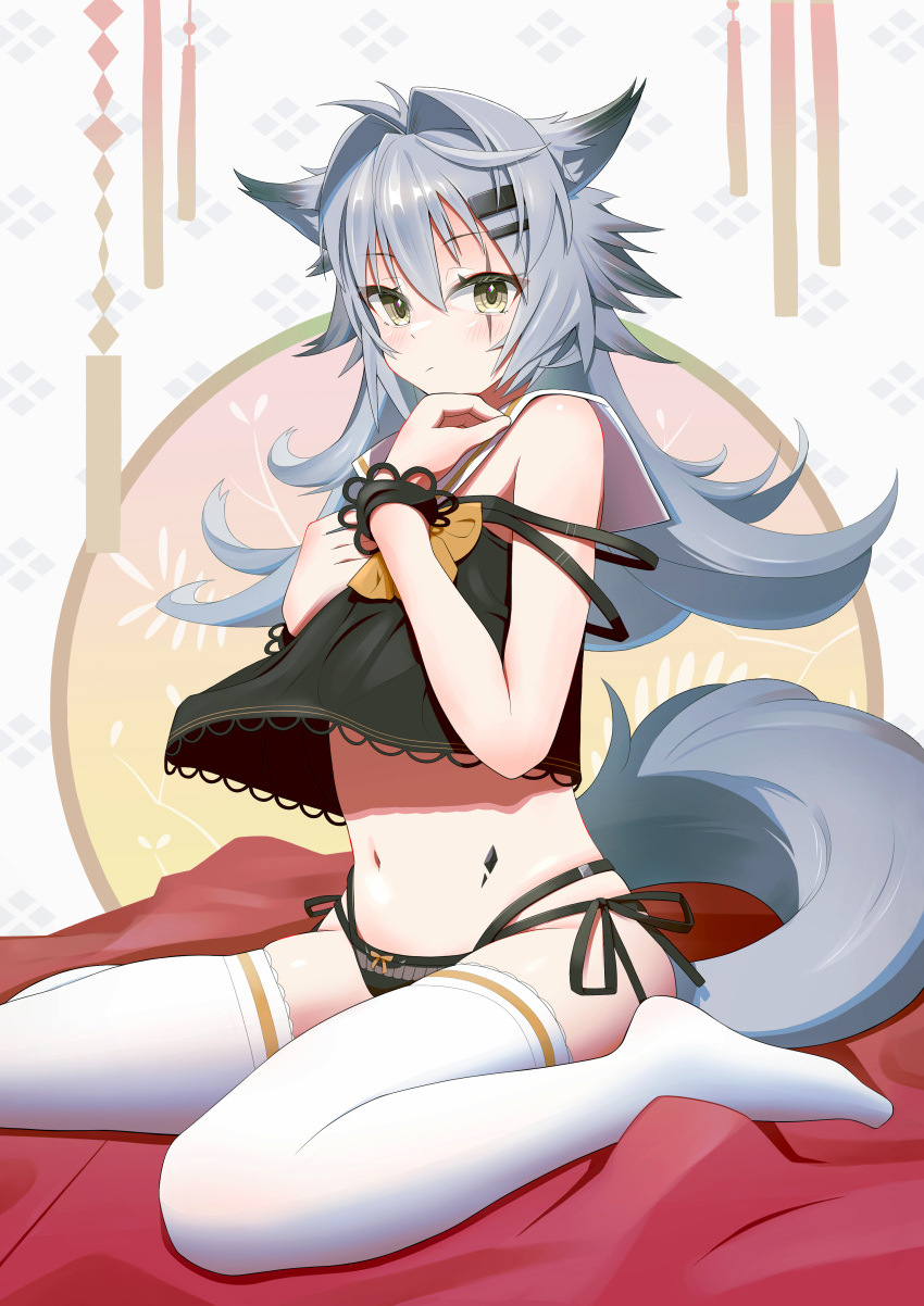 1girl absurdres animal_ears arknights bangs bare_shoulders black_panties blush bow bracelet brown_bow camisole closed_mouth eyebrows_visible_through_hair hair_intakes hands_on_own_chest highres jewelry lappland_(arknights) long_hair looking_at_viewer navel no_shoes oripathy_lesion_(arknights) panties sailor_collar scar scar_across_eye side-tie_panties silver_hair sitting solo stomach strap_slip tail thigh-highs underwear wariza white_legwear white_sailor_collar wolf_ears wolf_girl wolf_tail yellow_eyes yu_(yu_illust_list)