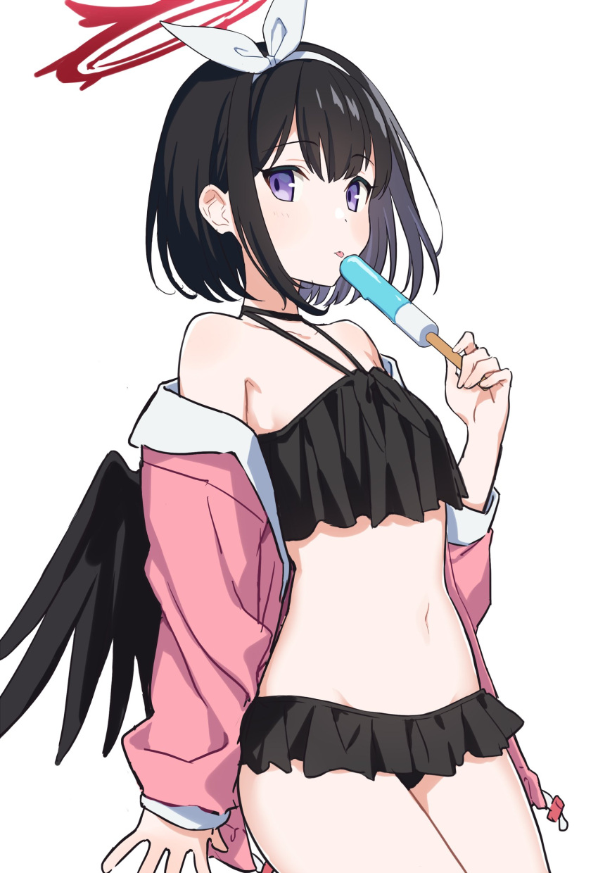 1girl absurdres bangs bikini black_bikini black_hair black_wings blue_archive bow bow_hairband cowboy_shot eyebrows_visible_through_hair food frilled_bikini frills hairband halo highres holding holding_food jacket jacket_over_swimsuit light_blush looking_at_viewer mashiro_(blue_archive) midriff navel off_shoulder official_alternate_costume open_clothes open_jacket pink_jacket popsicle renshuchou short_hair simple_background solo swimsuit tongue tongue_out violet_eyes white_background white_bow white_hairband wings