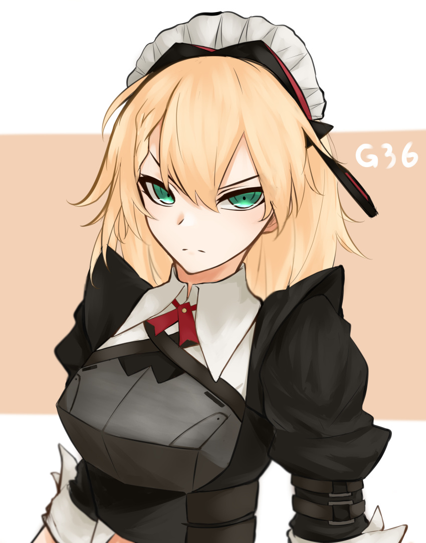 1girl absurdres armor blonde_hair character_name closed_mouth g36_(girls'_frontline) girls_frontline green_eyes hair_between_eyes highres long_hair looking_at_viewer maid maid_headdress mod3_(girls'_frontline) ozeu0916 serious solo upper_body