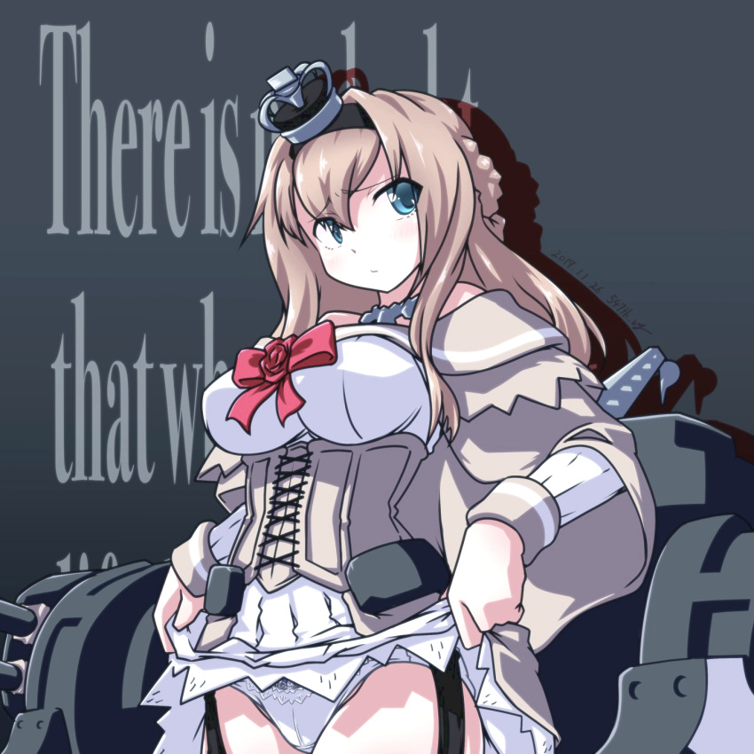 1girl 547th_sy background_text bangs black_background blonde_hair blue_eyes blush bodice bow bowtie braid breasts closed_mouth clothes_lift commentary_request crown dress dress_lift english_text eyebrows_visible_through_hair flower french_braid garter_straps highres kantai_collection large_breasts lifted_by_self long_hair mini_crown neck_flower off-shoulder_dress off_shoulder panties red_bow red_bowtie red_flower red_rose rigging rose solo under_boob underwear warspite_(kancolle) white_panties